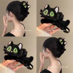 Black Cute Cat with Different-Colored Eyes Plush Hair Clip for Women 2025 Autumn and Winter New Style Back-Of-Head Hair Clip Shark Clip