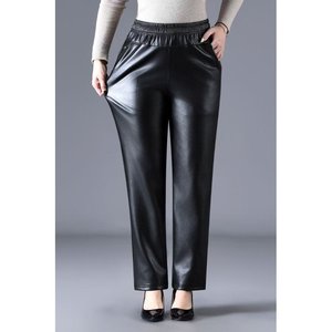 Leather pants for middle-aged and elderly women, high-waisted winter style, straight, loose, large size, velvet and thickened, spring and autumn waterproof mother's work pants