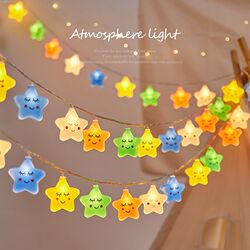 Clouds, stars, rainbow colored string lights, children's princess room decoration, night market stalls, ambient lighting tent