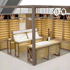 
Customized glasses counter display l cabinet fast fashion vertical glasses store display shelf wood grain iron glasses display