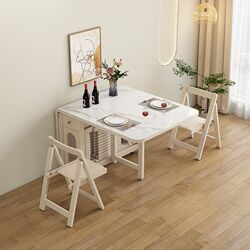 Solid wood folding dining table for small household apartment movable storage creamy stone slab rectangular dining folding table
