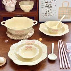 Cute Plate and Tableware Set, Ceramic Underglaze Color, Household Single-Person Dining, Beautiful Tableware with a High-End Feel, Single-Person Bowl and Chopsticks Set
