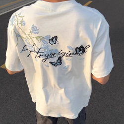 American High Street Floral Embroidered Short-Sleeved T-Shirt for Men, Summer Loose Fit Couple Outfit, Trendy Brand ins Pure Cotton Butterfly Top