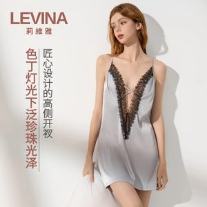 
Livia's popular deep V cross lace splicing pajamas women's lace splicing purple hollow nightgown sexy shirt