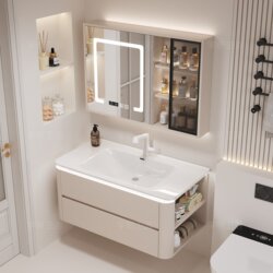 Light Luxury Cream-Style Solid Wood Smart Combination Side Cabinet Bathroom Cabinet with Integrated Ceramic Basin Washbasin