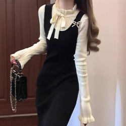 Qin Xiao Q/Chanel-Style Faux Two-Piece Long-Sleeve Dress for Women, Autumn and Winter Slim-Fit Slimming Base Layer Miu-Style Long Dress