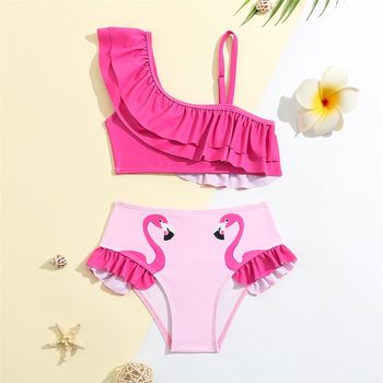 
Children's swimsuit cross-border bikini one-shoulder ruffle flamingo print K-flower triangle quick-drying little girl swimsuit