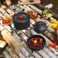 Outdoor portable camping pot set for 2-3 persons, picnic cooker and teapot combination set including tableware DS-308 pot set