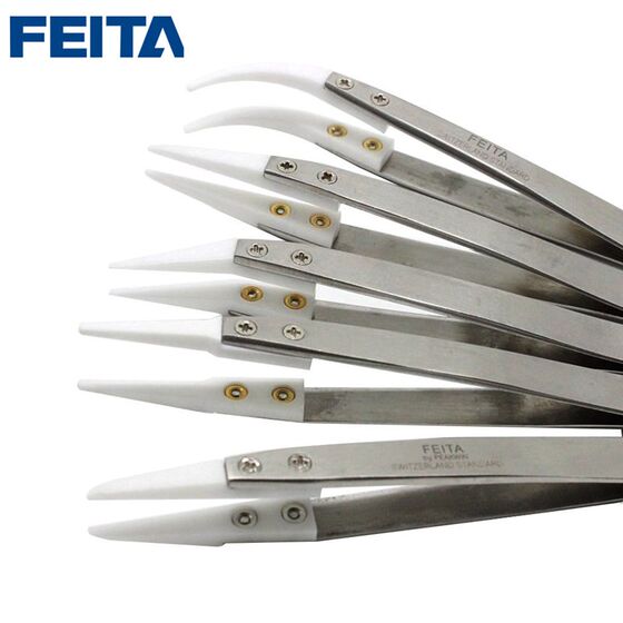 
FEITA ceramic tweezers pointed elbow folded Swiss zirconia porcelain head Feitai high temperature resistant frosted anti-static