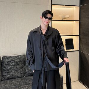 
Early autumn high-end satin silk shirt men's long-sleeved niche irregular ribbon design temperament drape shirt