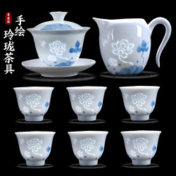 Jingdezhen Ceramic Tea Set Gift Box, Hand-Painted Blue and White Porcelain Tea Set for Home Use, Gaiwan Tea Set, High Aesthetic Value for Women