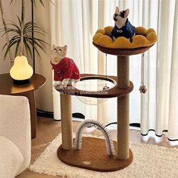 Sunflower All-In-One Cat Climbing Frame, Multi-Layer Cat Scratching Post with Space Capsule, Luxury Cat Villa, Cat House with Bunk Beds on Two Levels
