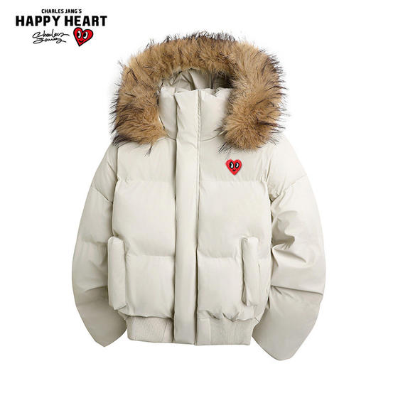 Charles Heart Short Hooded Cotton Coat for Men and Women Winter Warm Removable Fur Collar Couple New Cotton Jacket