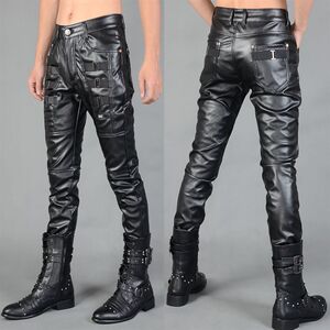 Stage performance leather pants autumn winter new plus velvet leather pants black Korean men's leather pants slim leather pants