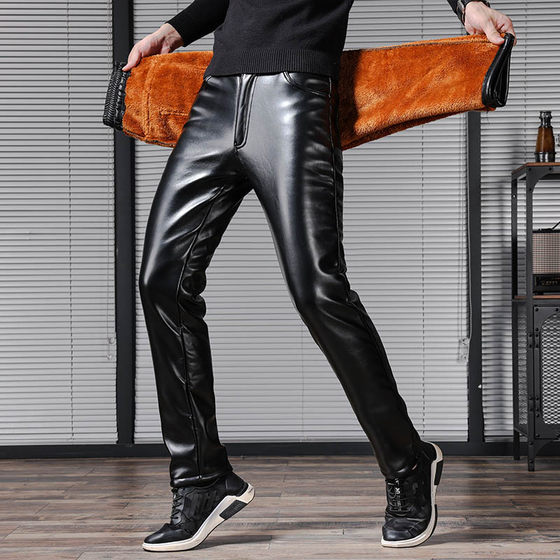 Slim leather pants men with velvet thick winter windproof waterproof motorcycle riding motorcycle elastic youth little feet men