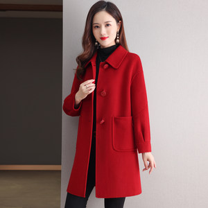 Red Korean version high-end double-sided cashmere coat for women's 2023 new mid length high-end autumn/winter wool coat