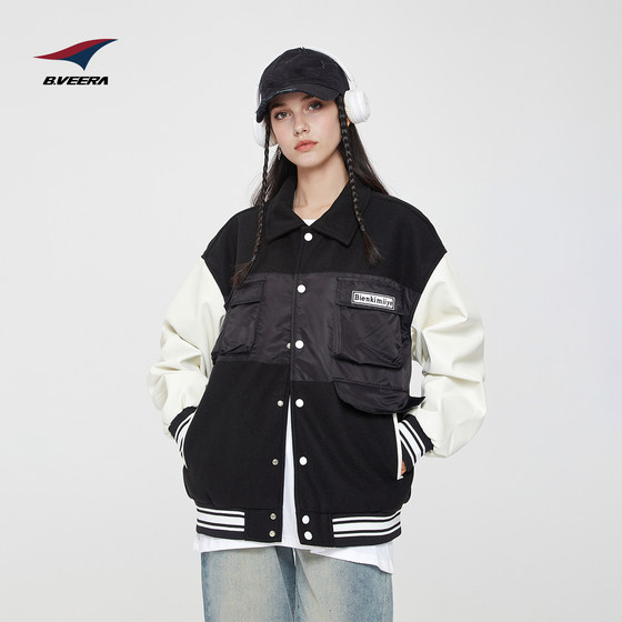 
B.VEERA American baseball uniform men's 2025 new loose splicing PU retro thickened couple jacket