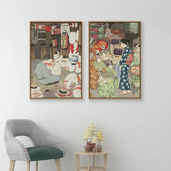 Japanese Ukiyo-E Decorative Painting Wall Art, Vintage Sushi Restaurant Style, Retro Living Room Wall Art Featuring Figures, Landscapes, and Animals
