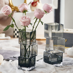 Light luxury creative special-shaped misaligned square vase glass transparent hydroponic flowers N flower arrangement living room table decoration