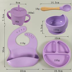 Children's silicone tableware 6-piece set, baby silicone separated plate, food bowl, spoon and fork, learning drinking cup, mother and baby tableware set