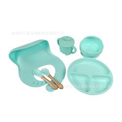 Children's silicone tableware 6-piece set, baby silicone separated plate, food bowl, spoon and fork, learning drinking cup, mother and baby tableware set