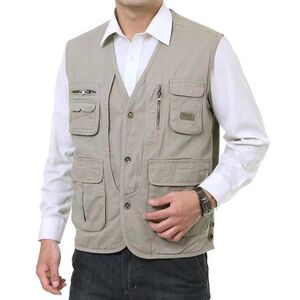 
Men's fishing multi-pocket waistcoat vest, middle-aged and elderly dad's clothing, pure cotton casual jacket, autumn vest plus velvet style