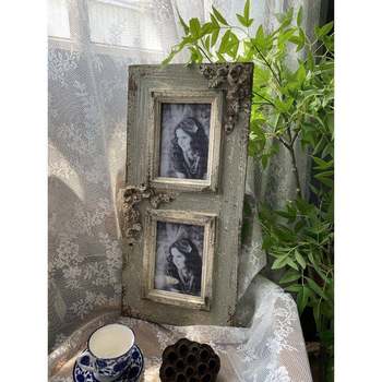 
American retro multi-layered weathered solid wood double photo frame hanging decoration home wall decoration gardening outdoor decoration wall hanging