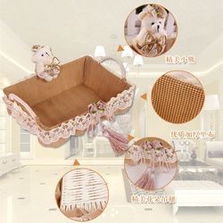 Home European fabric lace storage basket hand-knitted light blue cosmetics storage basket fruit plate desktop storage basket