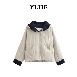 
YIHE / 2025 autumn and winter new long-sleeved hooded cotton coat casual splicing cotton coat loose lapel women's jacket