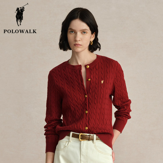 
POLOWALK red knitted cardigan women's autumn and winter new style Paul New Year women's old money style twist sweater jacket