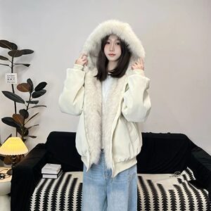 
Winter hooded PU leather cotton jacket for men and women, same style couple clothing, thickened and velvet base mountain sculpture, warm and versatile cotton jacket