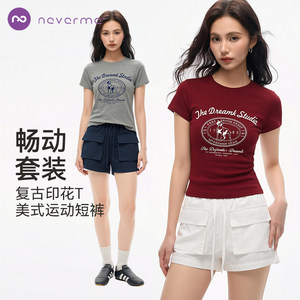 neverme retro printed short-sleeved/cargo pocket sports shorts