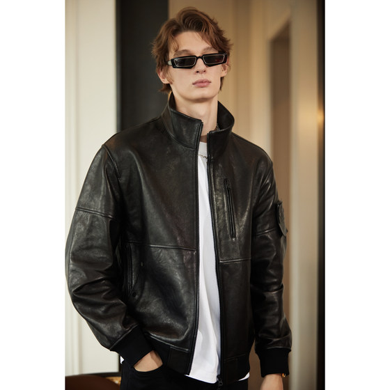 
Uncle Te's modern style goat leather jacket, stand collar, long sleeves, wide version leather jacket, Stone Island men's spring and autumn fashion jacket