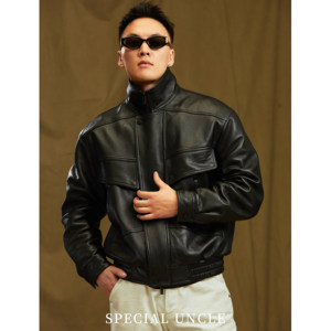 
Uncle Te breaks the game sheepskin Hong Kong style retro casual leather jacket men's lapel leather jacket short spring and autumn coat