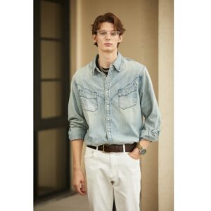 
Uncle Te's American retro washed western denim red eared old loose shirt men's long-sleeved spring and autumn tops