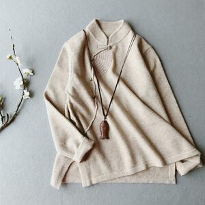 
Chinese style retro literary sweater tops for women in autumn and winter Chinese style buckle Zen tea clothes ethnic style pullover sweaters