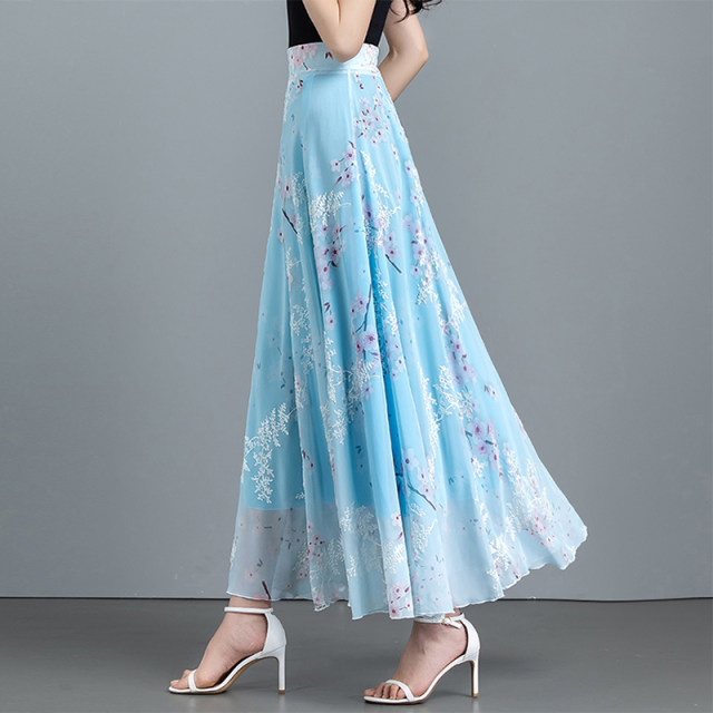 
2025 summer new retro embroidered high waist a-line skirt chiffon skirt long skirt women's dancing skirt big twill twill skirt