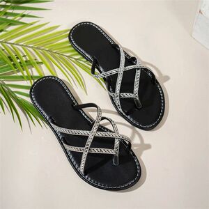 Elegant strappy sandals with black rhinestone design, flat-s