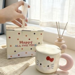 Cute Hello Kitty Ceramic Mug with Cartoon Handle and Lid, Coffee Cup, Birthday Gift