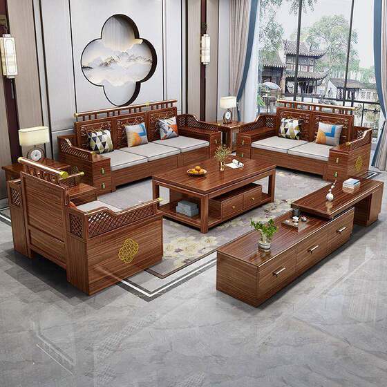 
New Chinese style gold silk sandalwood solid wood sofa combination small and small apartment home office winter and summer storage furniture