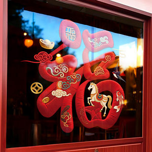 
Year of the Horse window stickers, glass door stickers, fabric embroidered blessing Chinese New Year decorative stickers, window grilles, curtains, door curtains and accessories
