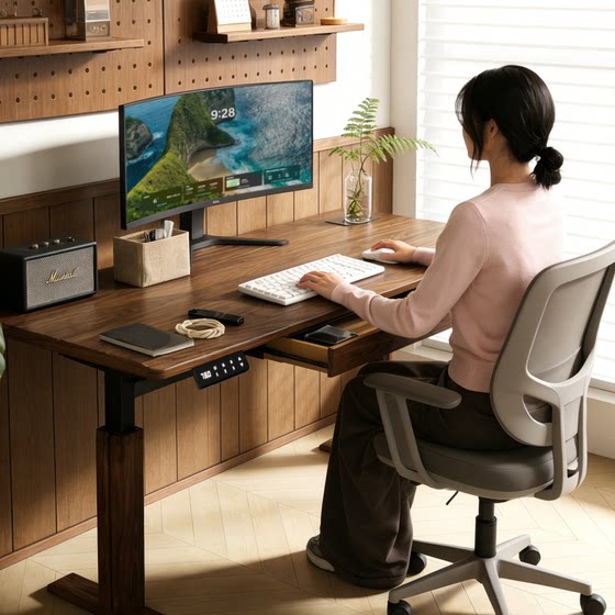 
Pu Zhiya smart electric lift table South American walnut workbench home desktop computer table solid wood office desk