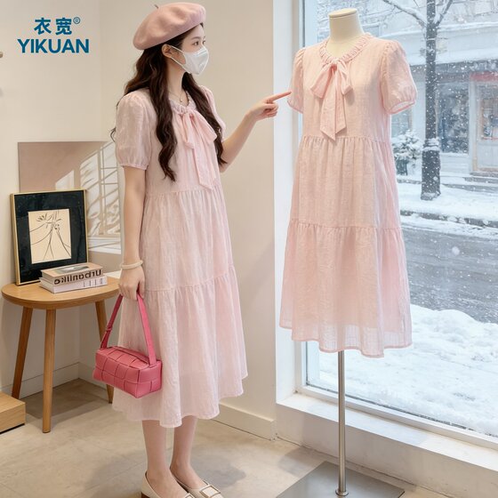 
Summer clothes, comfortable dresses to wear during pregnancy, beautiful pregnant women's skirts, summer thin loose short-sleeved French style outfits for pregnant mothers