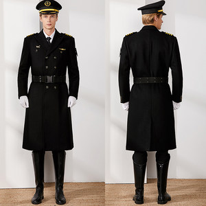 
Men's pilot captain woolen coat thickened cotton long version aviation coat property concierge woolen coat