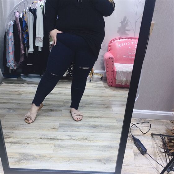 
Chubby fat fairy Yingying plus size women's spring and autumn high elastic ripped mid-waist pencil pants leggings for fat girls