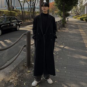 2024 Winter Mao Woors coat men increase long -knee pure black winter thickened woolen coat men

