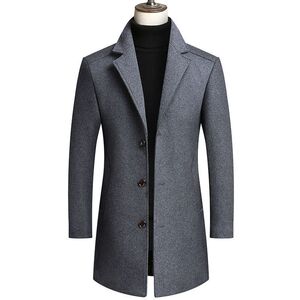 Autumn and winter new woolen coat men's jacket suit collar casual thickened jacket middle-aged and elderly men's mid length windbreaker