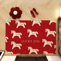Year of the Horse Floor Mat, New Cartoon-Style Red Door Mat, Dust-Removing and Dirt-Resistant Entrance Mat, New Year Festive Silk Loop Floor Mat
