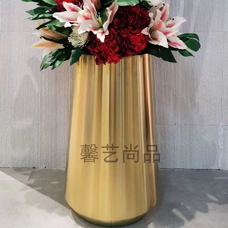 不鏽鋼花瓶擺件超豪華落地金屬花盆大花器酒店賣場電鍍鈦合金 Taobao