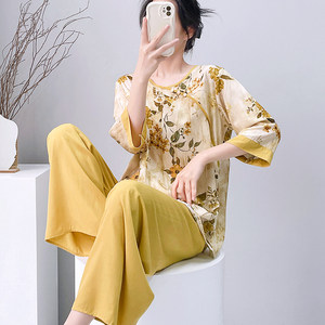 
National style cotton silk pajamas for women summer retro printed mid-sleeve air-conditioned clothes home clothes cotton silk new Chinese style cool suit
